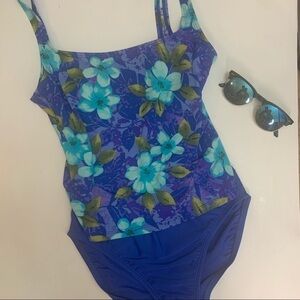 Vintage Speedo Blue Floral Tankini Swimsuit Size 2